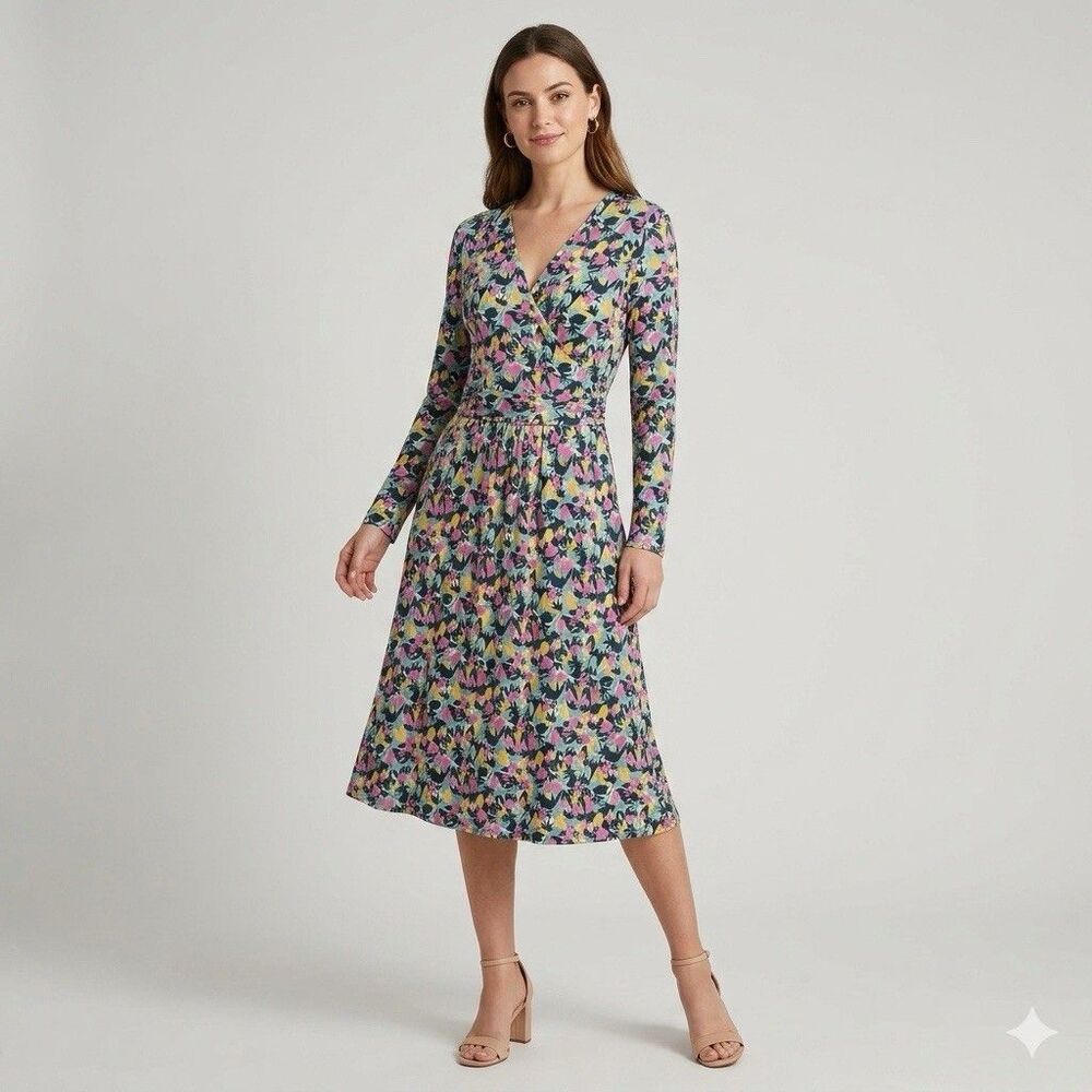 Boden Floral Dress Womens 12L Pink Yellow Long Sleeve Modest Preppy Casual